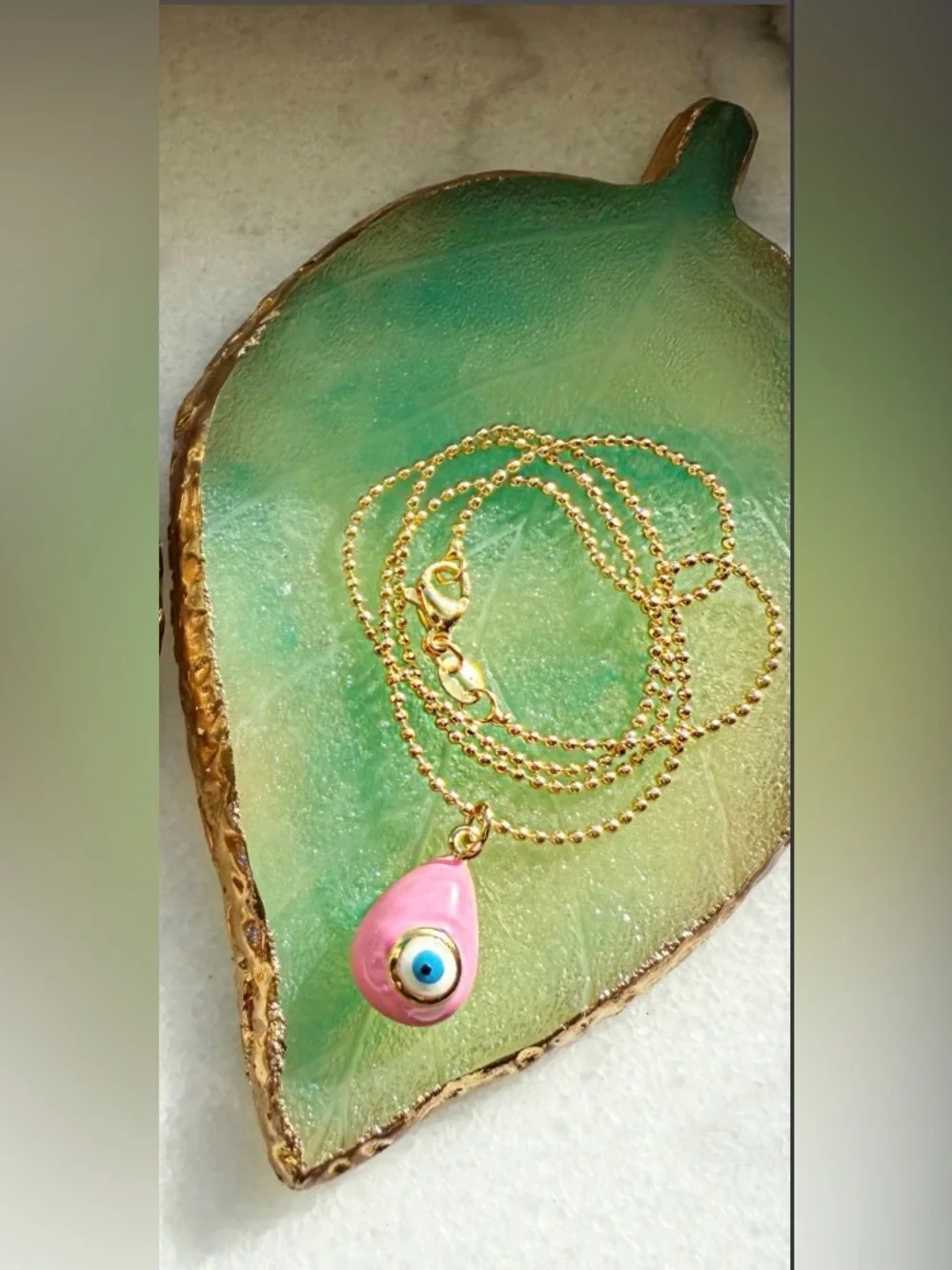 Pastel Pink Evil Eye Necklace 16 inches .925 sterling silver gold plated